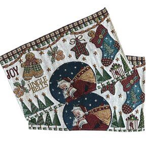 Christmas Tapestry Placemats Set of 2 Jingle Bells Gingerbread MenSanta Vintage